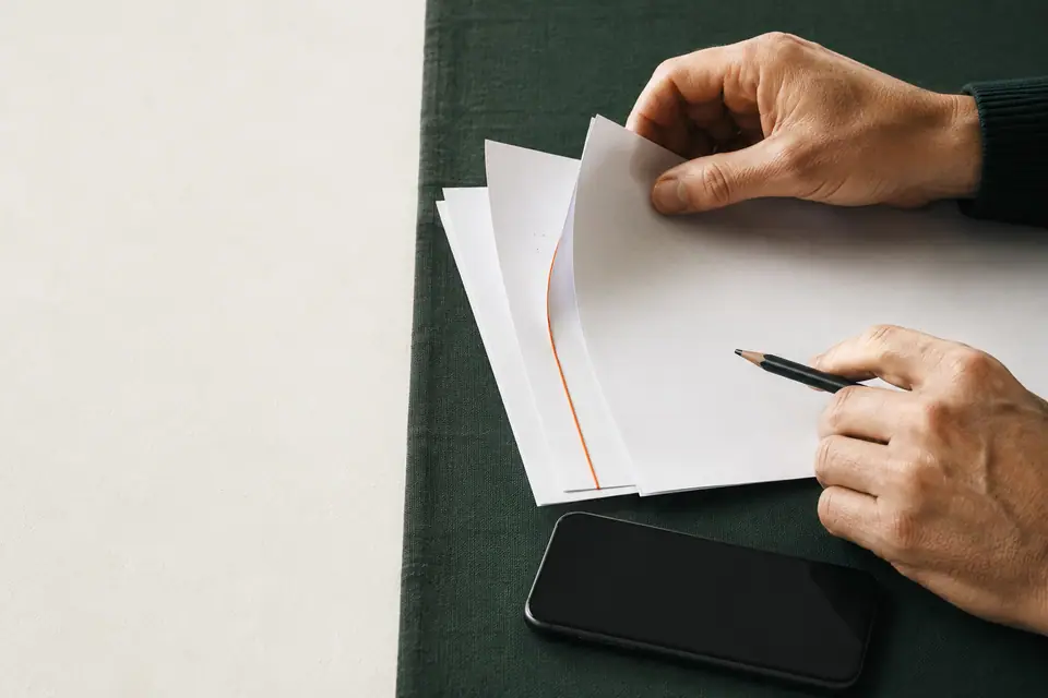 Handen ordenen contractdocumenten met een dunne oranje verbindingslijn