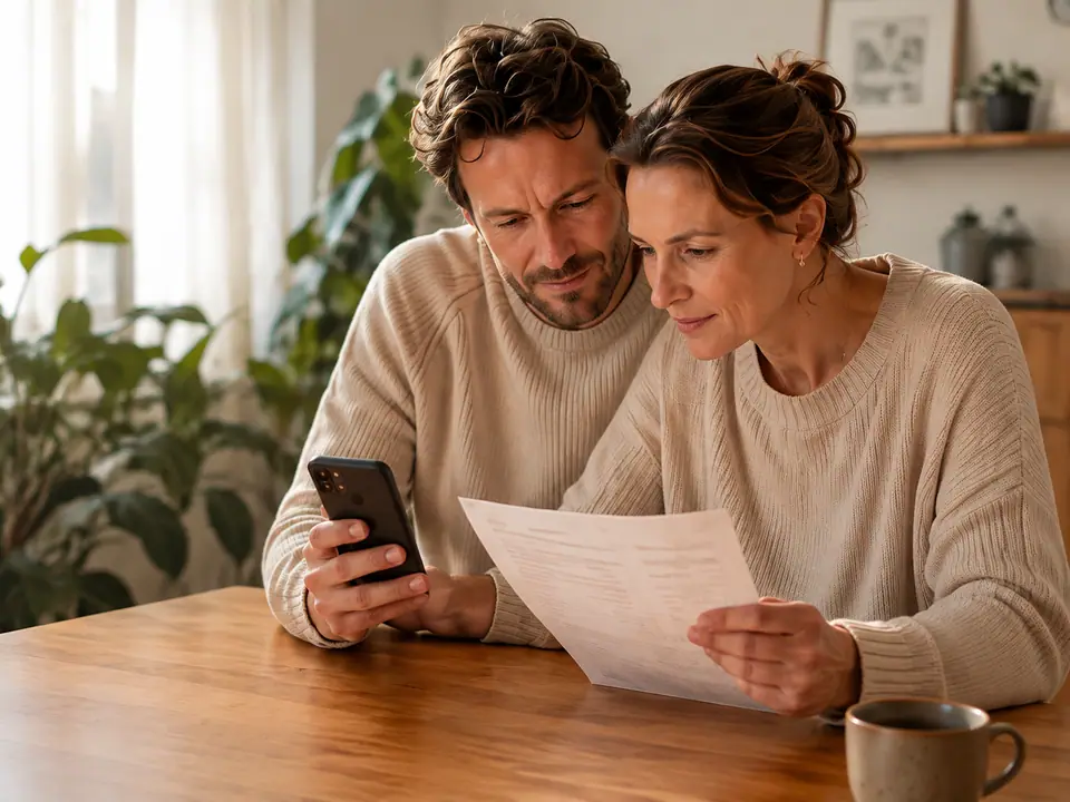 Stel bekijkt thuis samen een energiecontract en telefoon