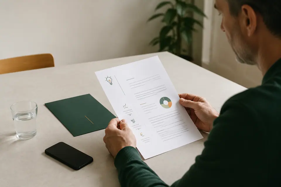 Consument onderzoekt contractinformatie aan tafel