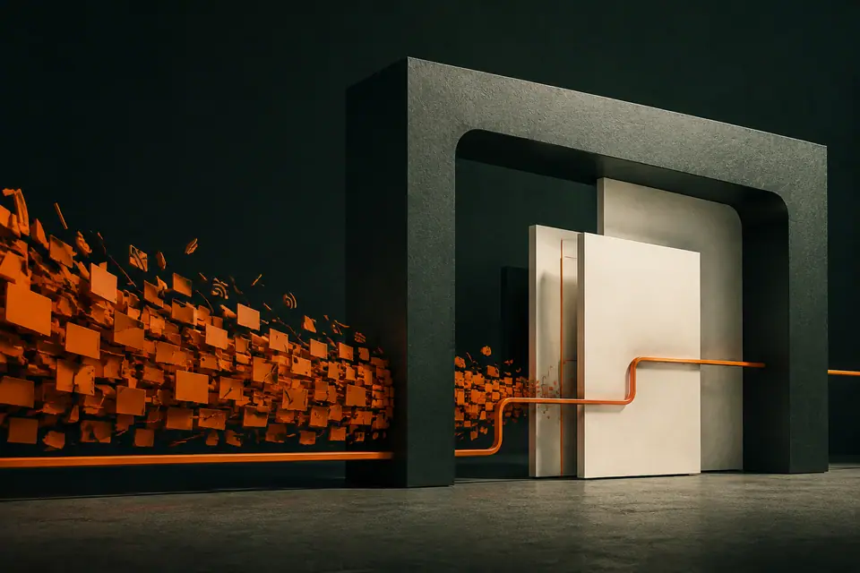 Oranje reclamesignaal dat door een rustige productvorm wordt geleid